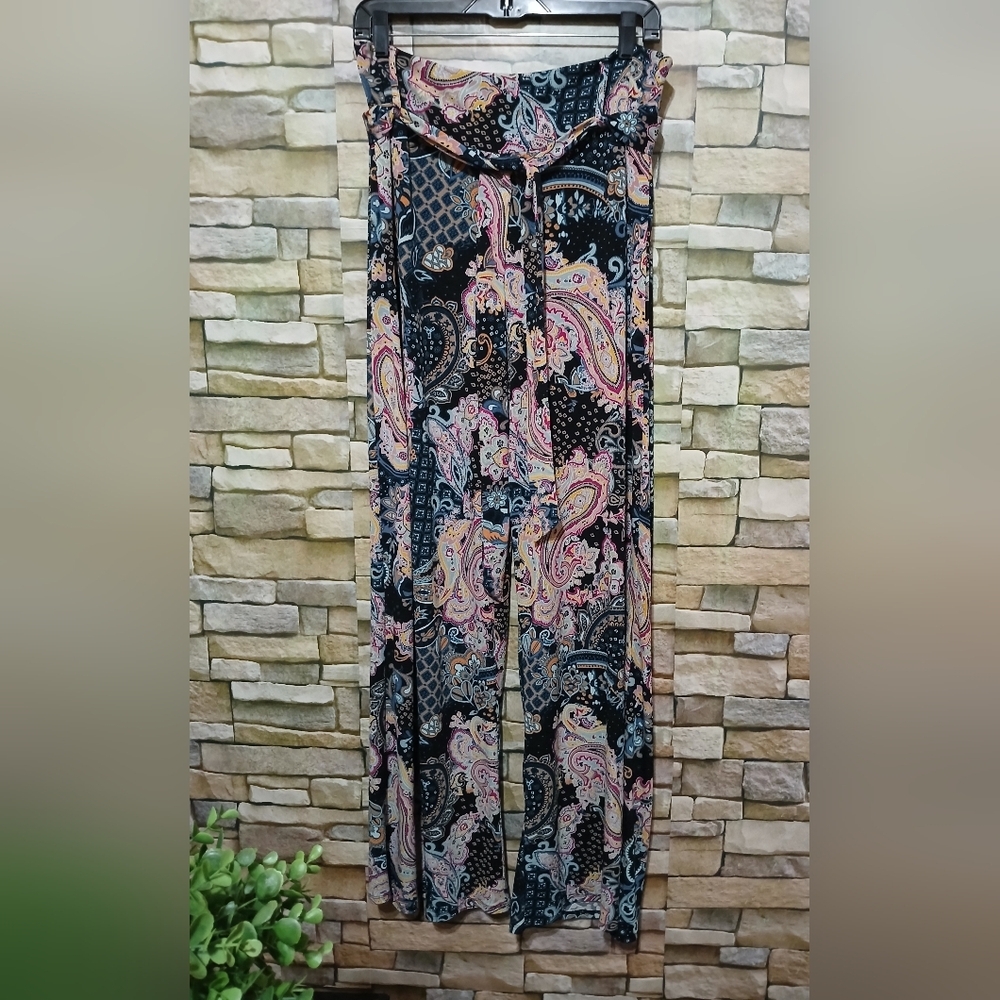 Womens XL Paisley Wide Leg Pants W/Belt Multicolor Boho Vibes
